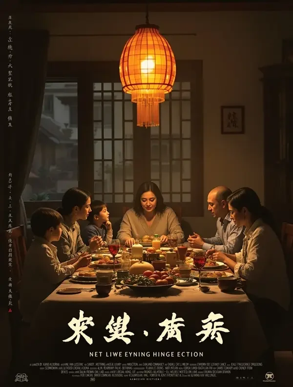 短剧《归仓》海报：粮仓暖灯下一家人围坐的温馨画面