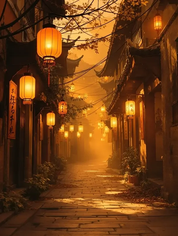 短剧《旧巷灯火》海报：灯笼照亮的旧巷里飘落的秋叶